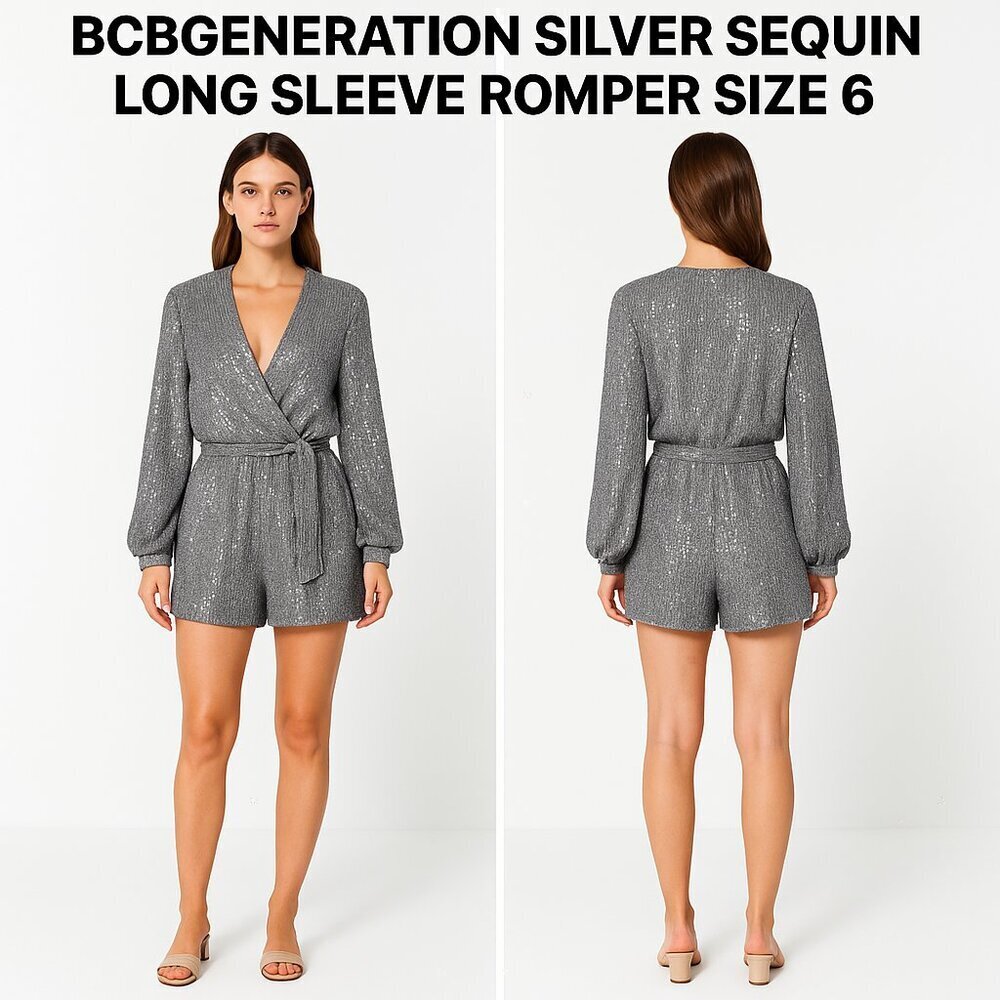 BCBGENERATION SILVER SEQUIN LONG SLEEVE ROMPER SIZE 6